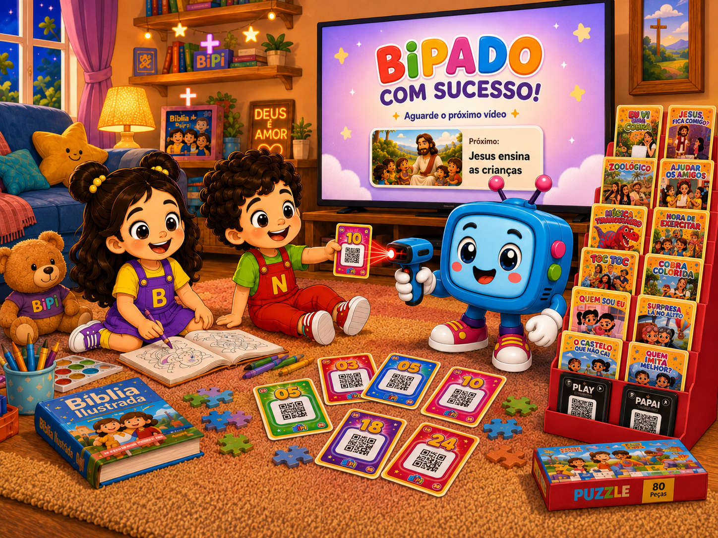 Bella, Noah e BiPi escolhendo cartões antes de uma TV mostrando Bipado com sucesso